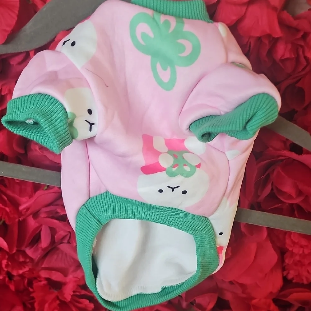 Pink and Green Dog Sweater with Bunny Design Fleece Lined Size Xsmall